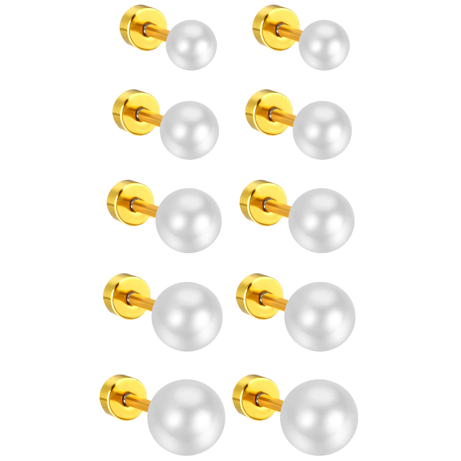 4/5/6/7/8MM Stainless Steel Round Pearl Earrings for Women Men High Quality Screw Back Pierced Studs