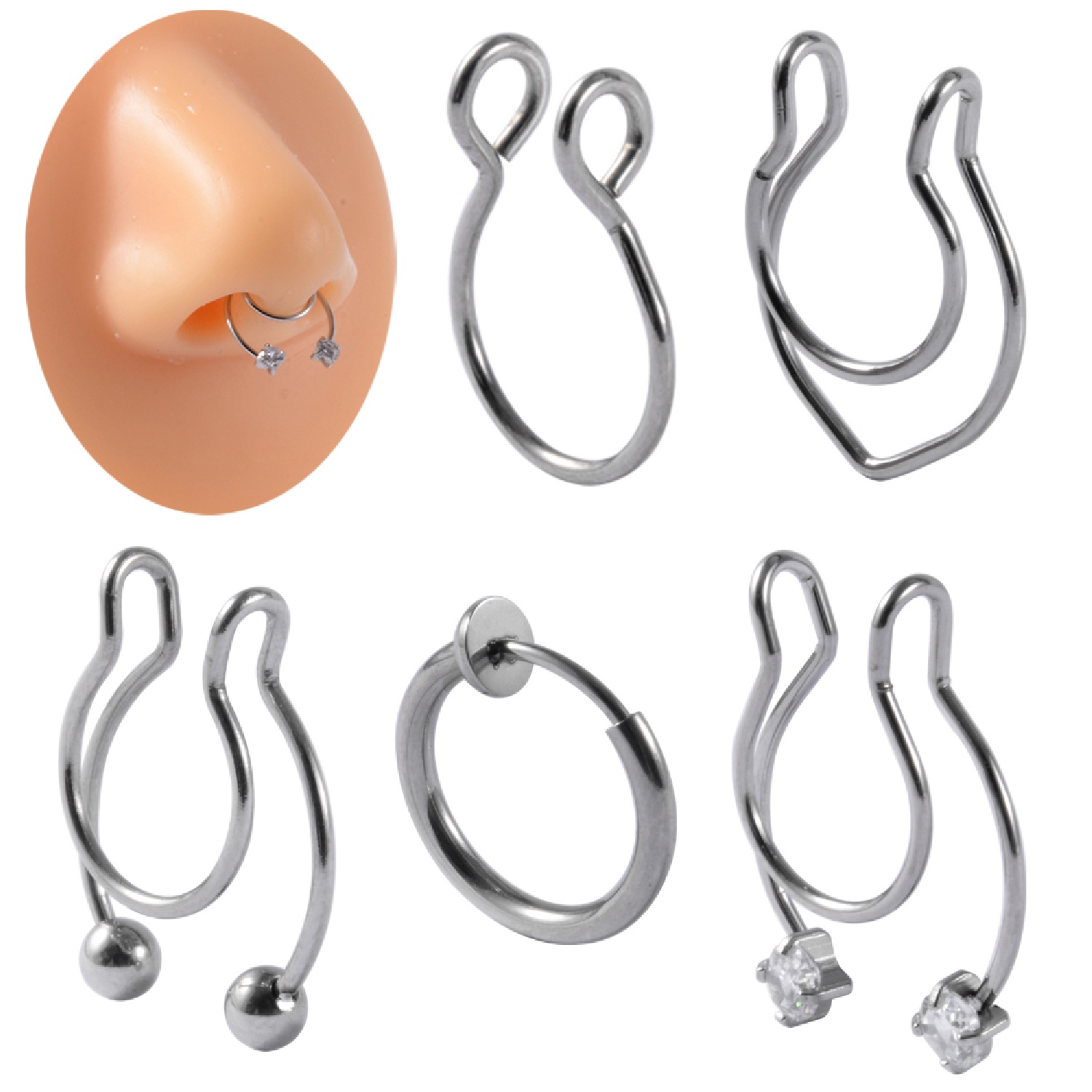2/3/5Pcs 20G 18G Stainless Steel Fake Body Jewelry - 6-10mm Septum/Nose/Lip Rings, Cartilage/Tragus/Helix Earrings