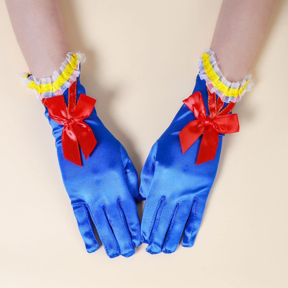 Girls Snow White Color Bow Bloves Kids Wedding Royal Blue Full Fingers Mittens Mid Lace Gloves Princess Dress Up Accessories