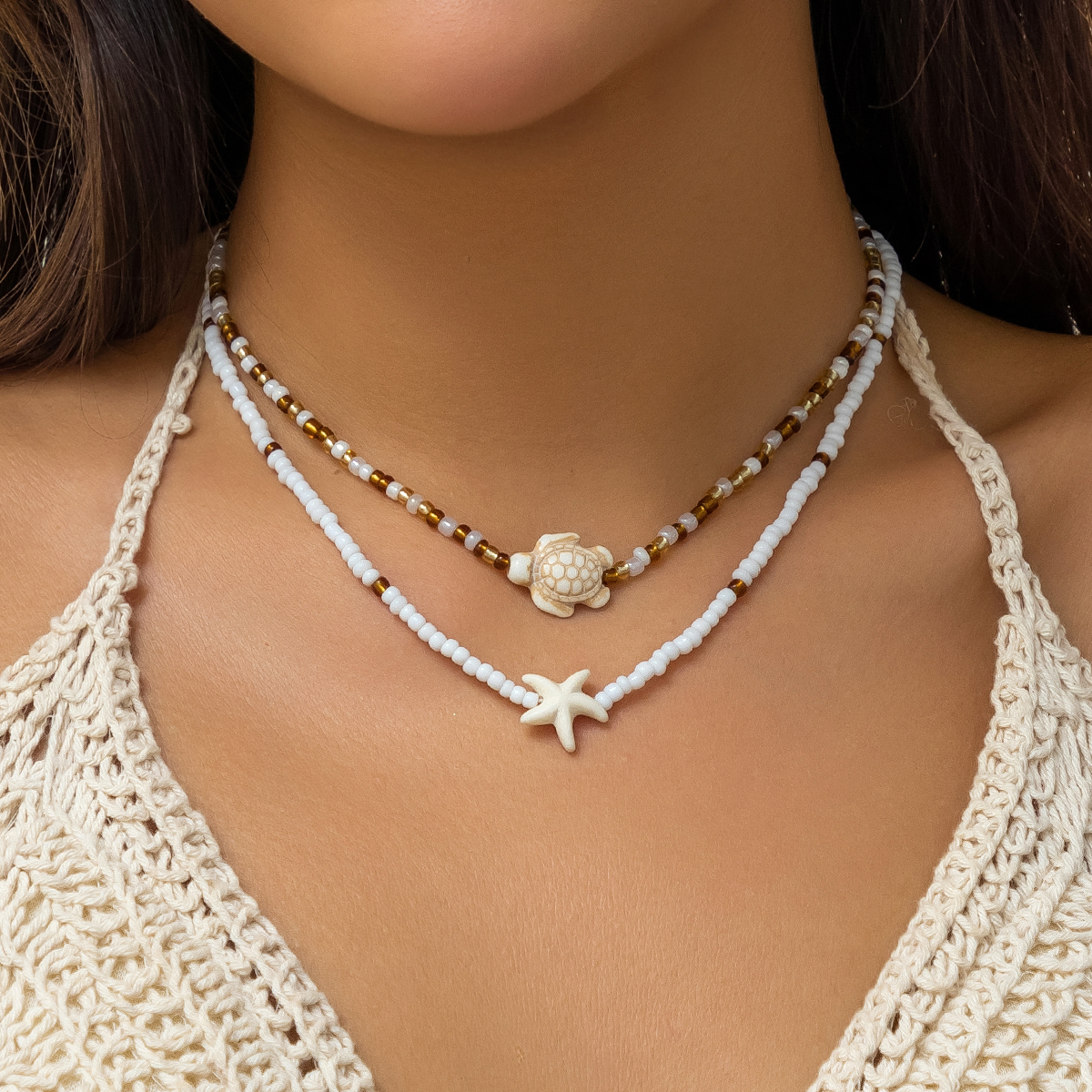 Salircon Bohemian Double Seed Bead Chain Clavicle Necklace Vintage Acrylic Turtle Starfish Pendant Choker Women's Beach Jewelry pen gpt
