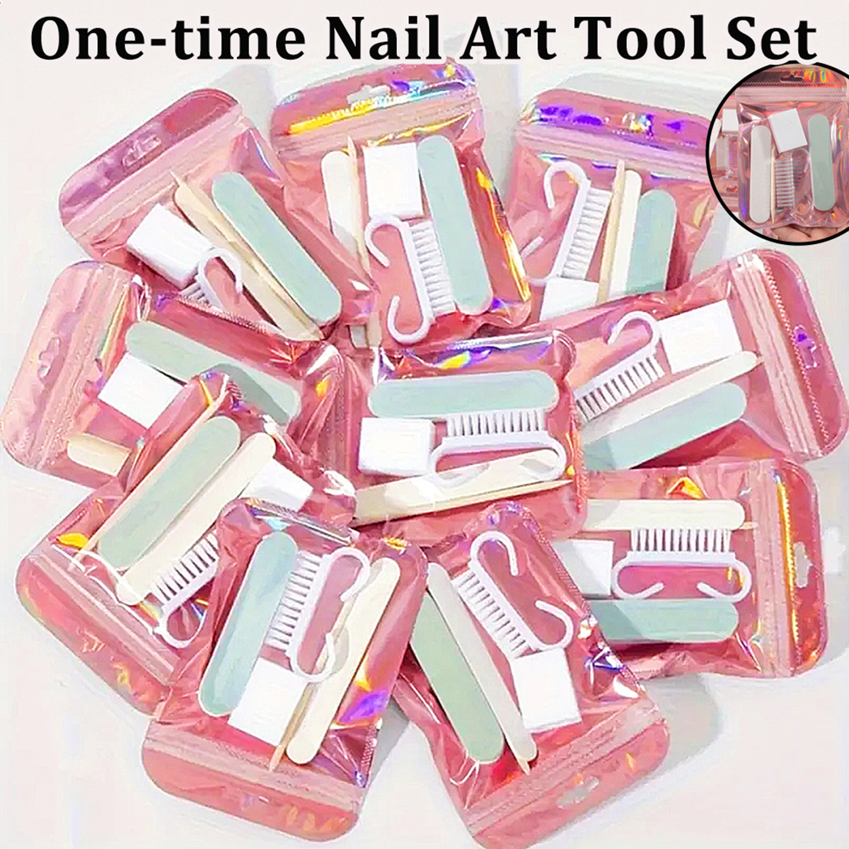Mini Short Size Disposable Nail Tool Kit with File Buffer Polishing Stick & Horn Brush for Home Salon Manicure Pedicure