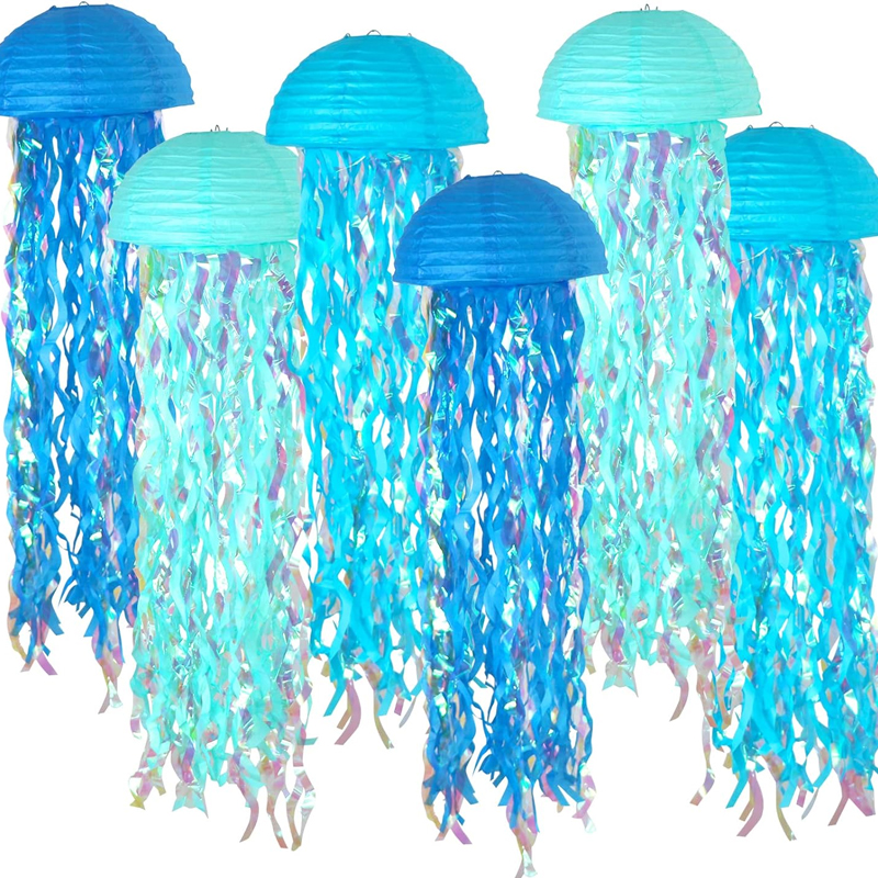 1Pc 9.84inch Gradient Color Jellyfish Paper Lanterns, Blue Mermaid Theme Party Ocean Jellyfish Birthday Decoration Baby Shower Baby Room