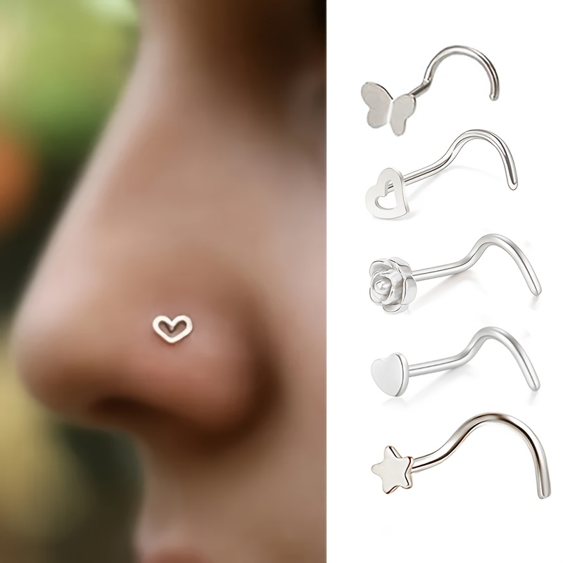 1pcs/5pcs Elegant Stainless Steel Nose Studs Set 20G Anti-Allergy Screw Bone Nose Rings CZ Star Heart Butterfly Piercing Jewelry