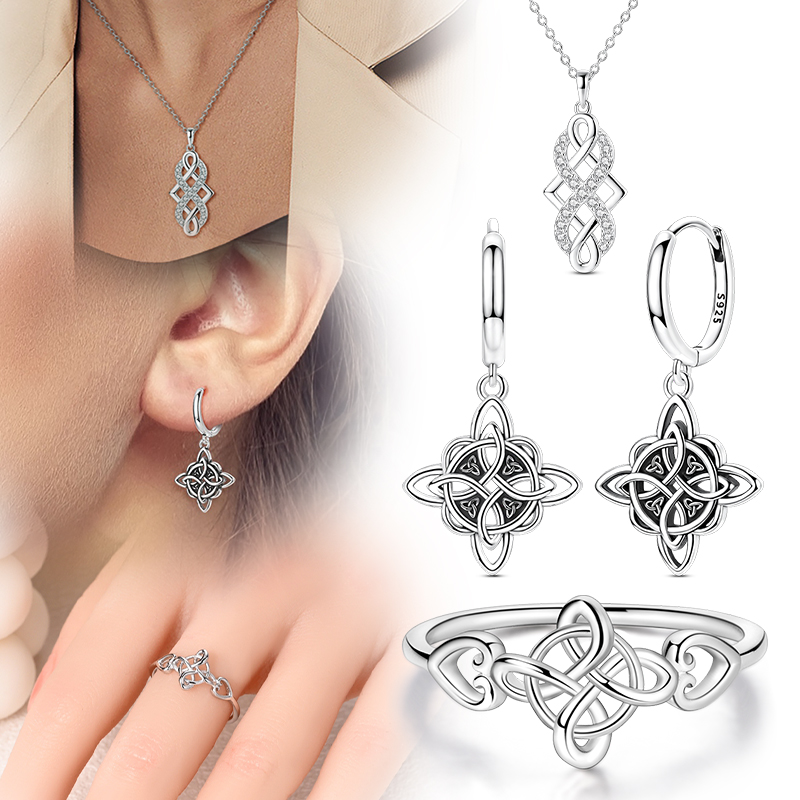 Hot Earrings Rings Necklace Set Original 925 Sterling Silver Celtic Knot Series for Women Lady Fashion Party Wedding Jewelry Set