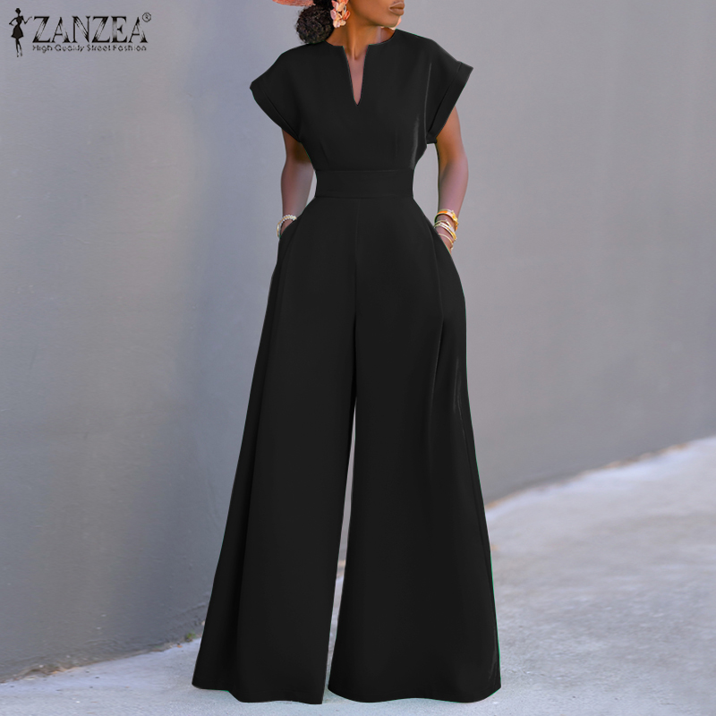 ZANZEA Elegant Wide Leg Pants Romper Women Summer Long Jumpsuits Casual Short Sleeve Playsuit Holiday Loose Solid Color Overalls