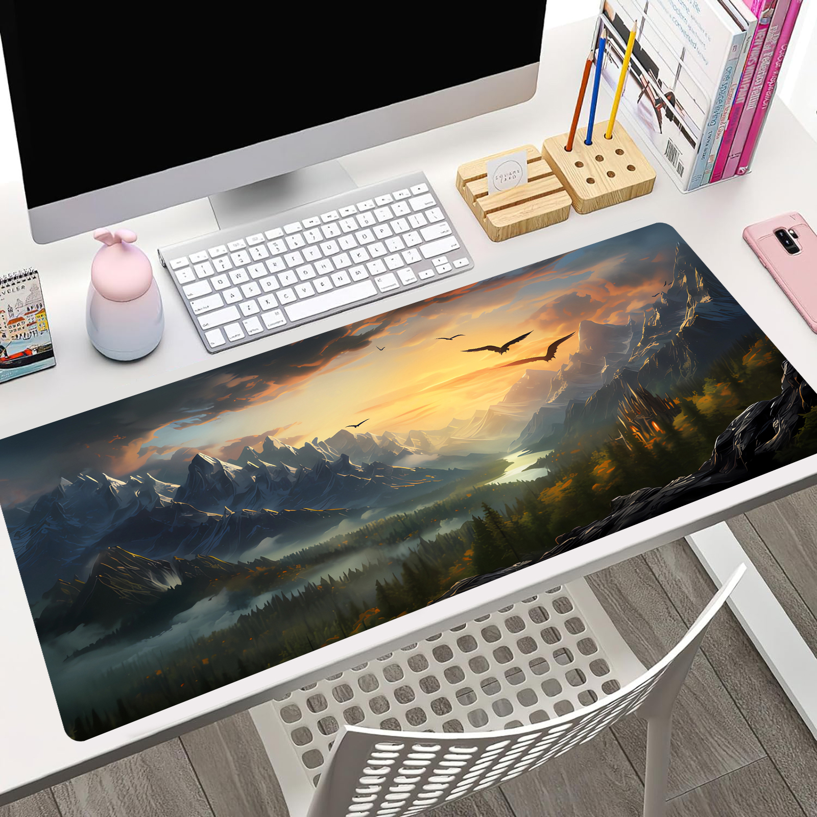 Extra Large Scenic Landscape Gaming Mouse Pad, Non-Slip Base Stitched Edge Desk Mat for Office