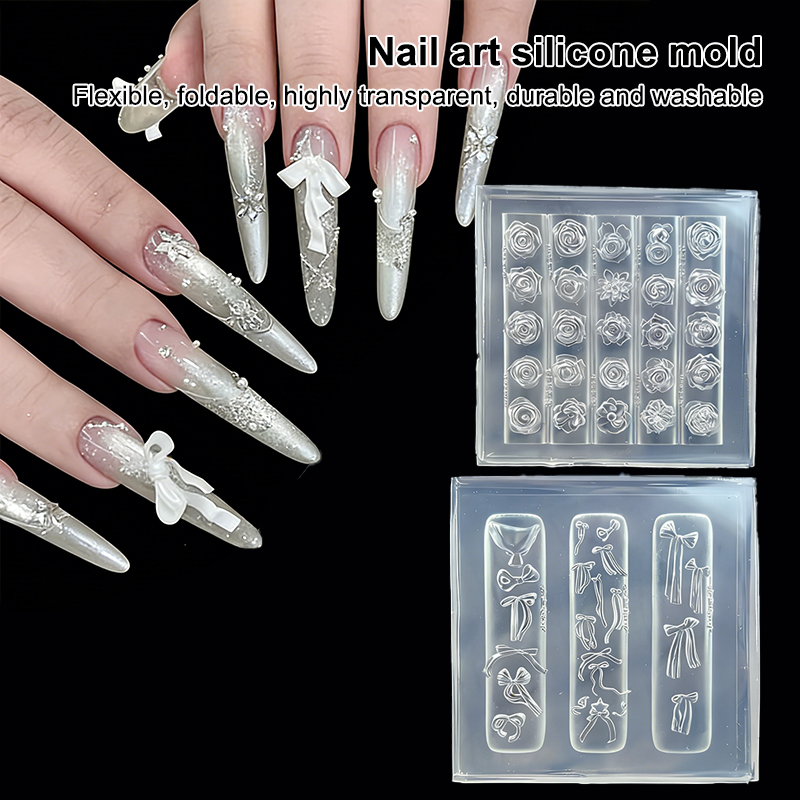 New 1Pcs Silicone Bow Nail Art Mold Rose Flower Bouquet Style High Transparent 3D Nail Decorations Nail Charm DIY Manicure Mold