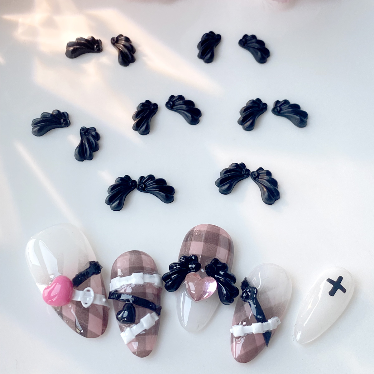 TSZS New 30pcs/lot 3D Cute Wing Nail Art Charms Kawaii Black White Cartoon Wing Nail Decoration DIY Accessories