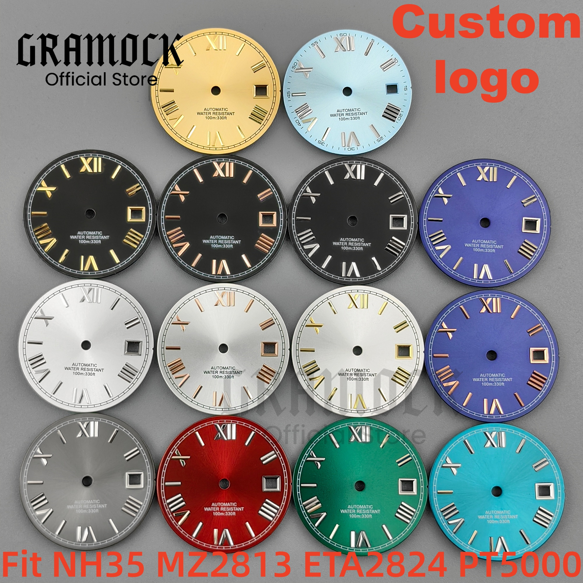GRAMOCK 29MM Sky Blue Green Gold Sunray Dial Roman Mark Calendar Date Fit Mingzhu2813 ETA2824 PT5000 Movement Watch Accessories