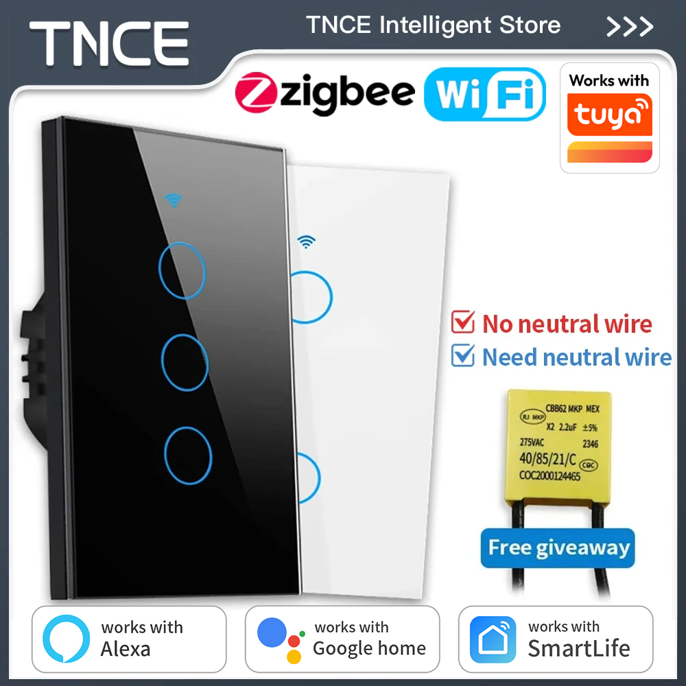 TNCE Tuya US Switch WIFI or Zigbee need/No Neutral Wire Require 1/2/3/4 Gang Smart Touch controller Voice With Alexa Home