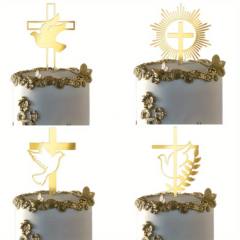 1/5 pcs Golden Cross & Dove Cake Toppers Holy Communion Decor, Baptism Party Supplies, First Communion Cake Insert Baby Shower