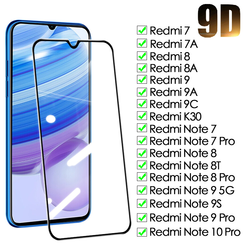9D Protective Glass For Redmi Note 7 8 8T 9 9S 10 Pro Tempered Screen Protector 7A 8A 9A 9C Safety Film