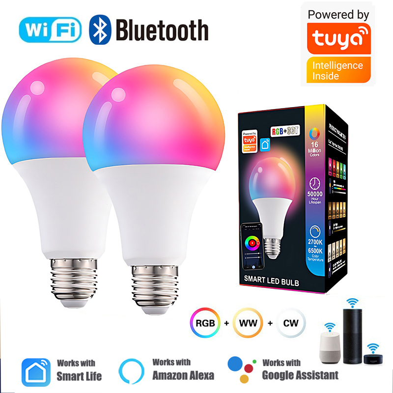 Tuya Smart LED Bulb Bluetooth Light Bulbs Phone APP Control E27 220V 110V RGBCW LED Lamp For Bedroom Decor Ambient Light
