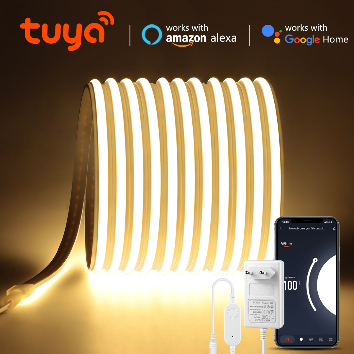10mm Super Bright 24V COB LED Strip Light CCT 608LEDs/m WIFI Tuya Smart Flexible Kitchen Lamp RA90 LED Tape With EU US Plug