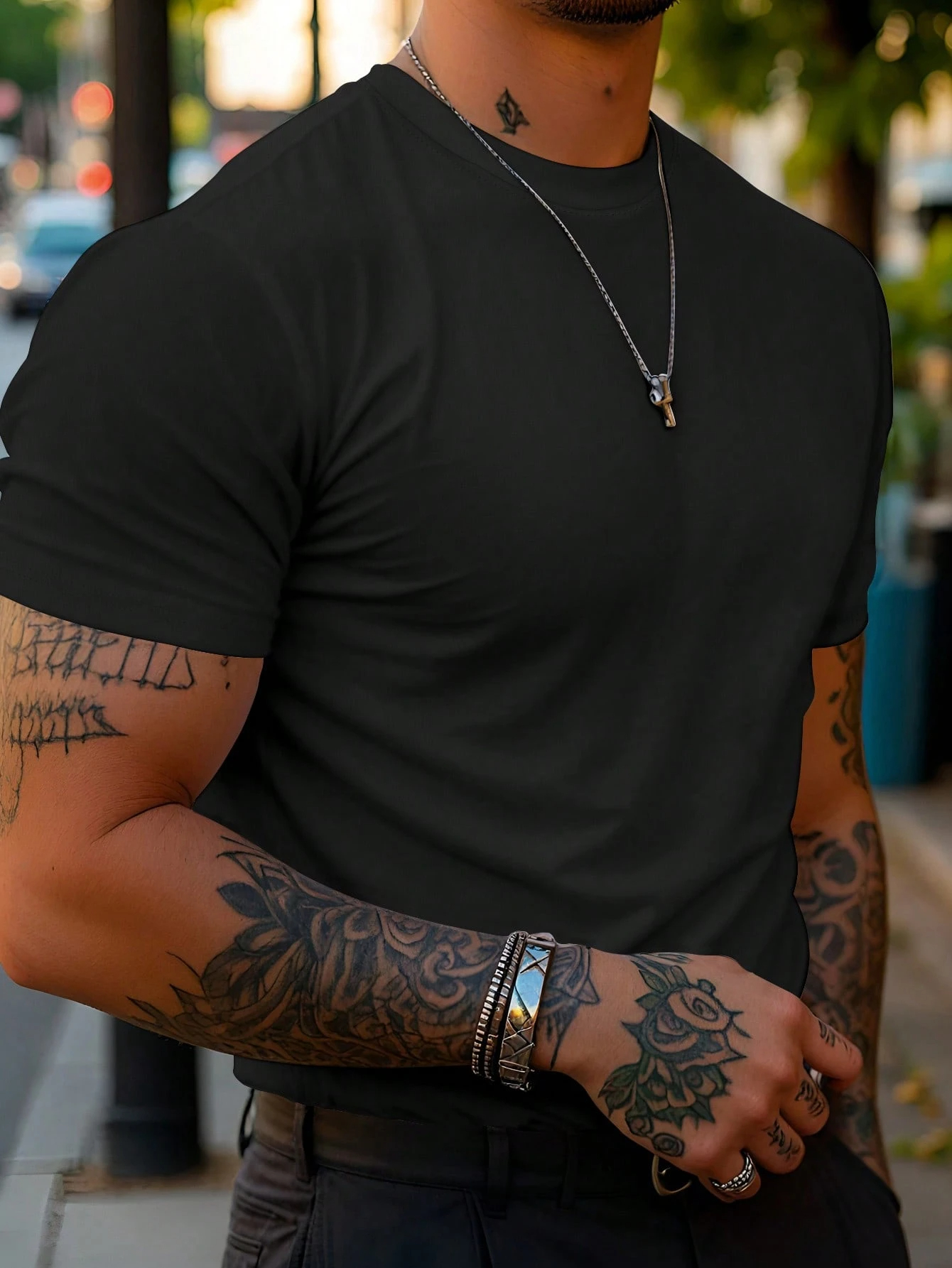 Men's solid color round neck short sleeved T-shirt simple and fashionable pure cotton heavyweight high-quality streetwear