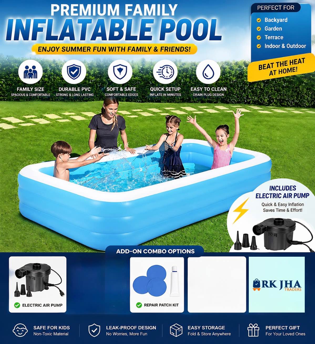 Inflatable Swimming Pools with pump, Family Full-Sized Inflatable Pools( 305cmL/185cmW/60H)