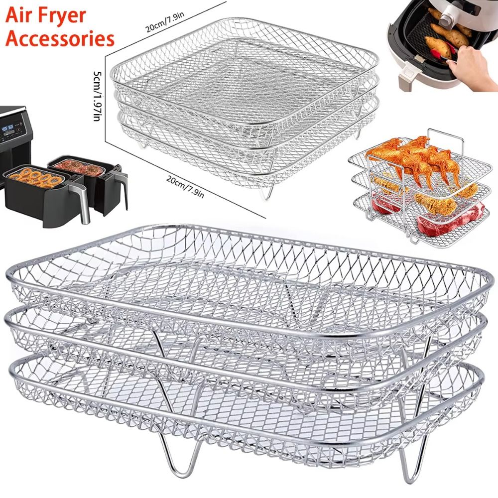 1Pc Air Fryer Rack Stackable Grilling Rack Stainless Steel Grill Basket Non-Stick Airfryer Tray Wire Rack Basket Kitchen Gadgets