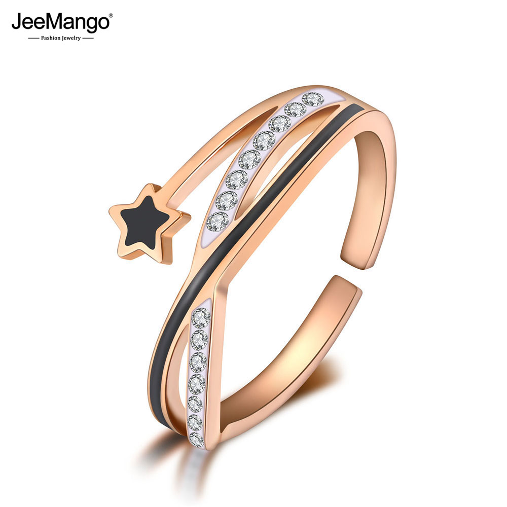 JeeMango Bohemia Style Stainless Steel Party Rings For Women Girls Fashion Black Glaze Star Rhinestone Open Ring Jewelry JR19115