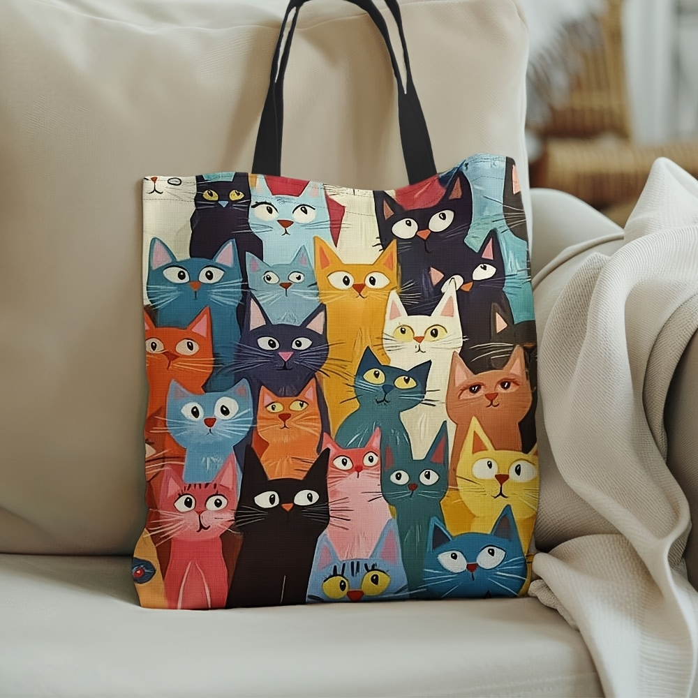 1pc Colorful Cat Pattern Tote Bag - Reusable, Stylish Shoulder Handbag for Men & Women, Fun Shopper with Cartoon Cat Faces,