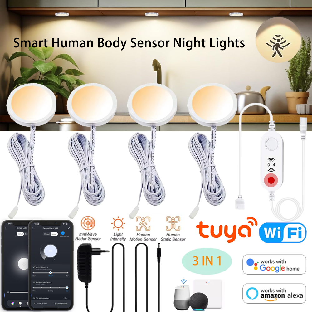 Tuya WiFi DC12V COB LED Strip Light Under Cabinet Lamp PIR Human Presence Motion Sensor Dimmer Kitchen Showcase Bedroom Decor