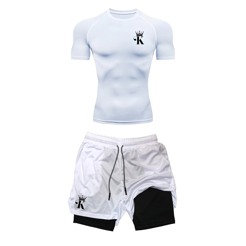 2 in 1 Shorts Compression T Shirt Men's Sport Suits Quick Dry Running Sets Tracksuit Gym Training The King In Running Shorts