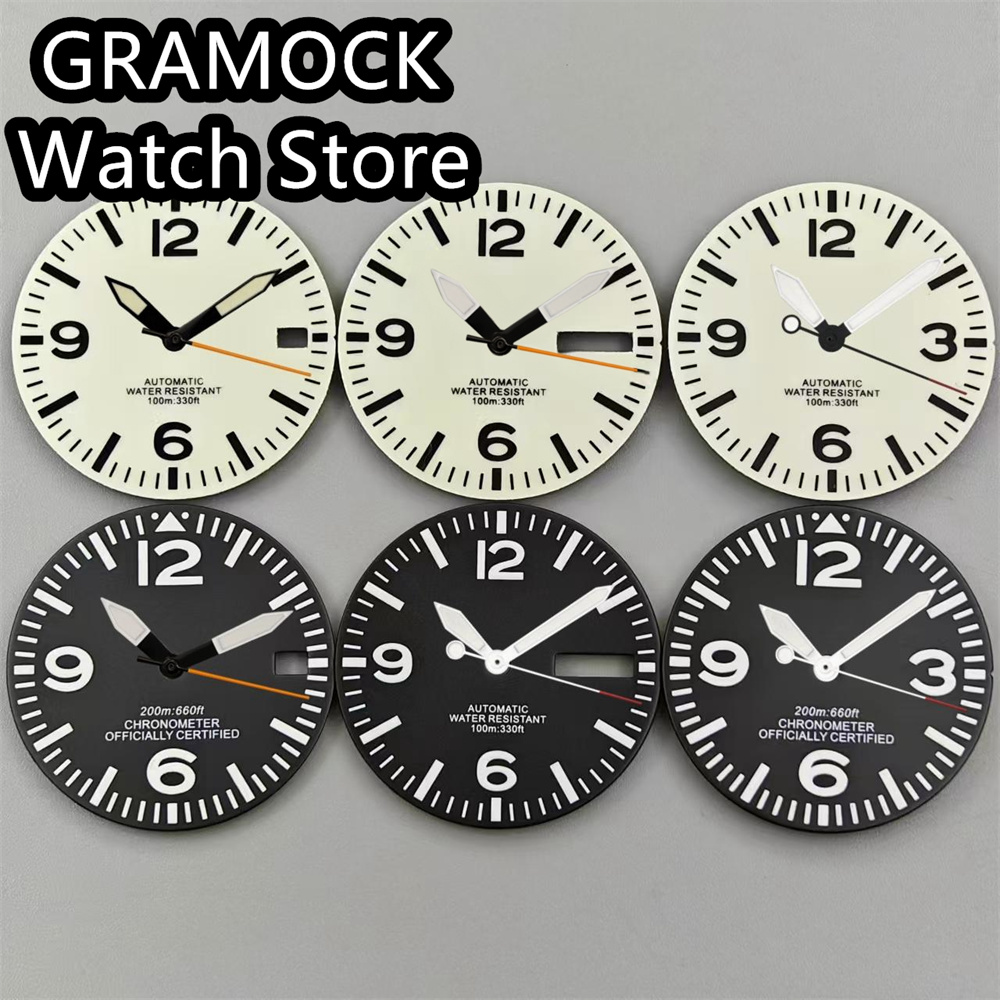 GRAMOCK 29mm NH35 Sterile Face White Pilot Dial With Hands C3 Full Luminous Fit NH34 NH35 NH36 Movement Watch Accessories Parts
