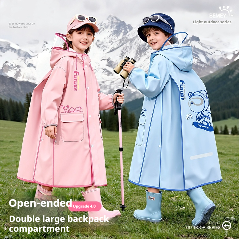 Raincoat Girl Boy With Schoolbag For Primary School Students Cute Rainstorm Windproof Long Poncho