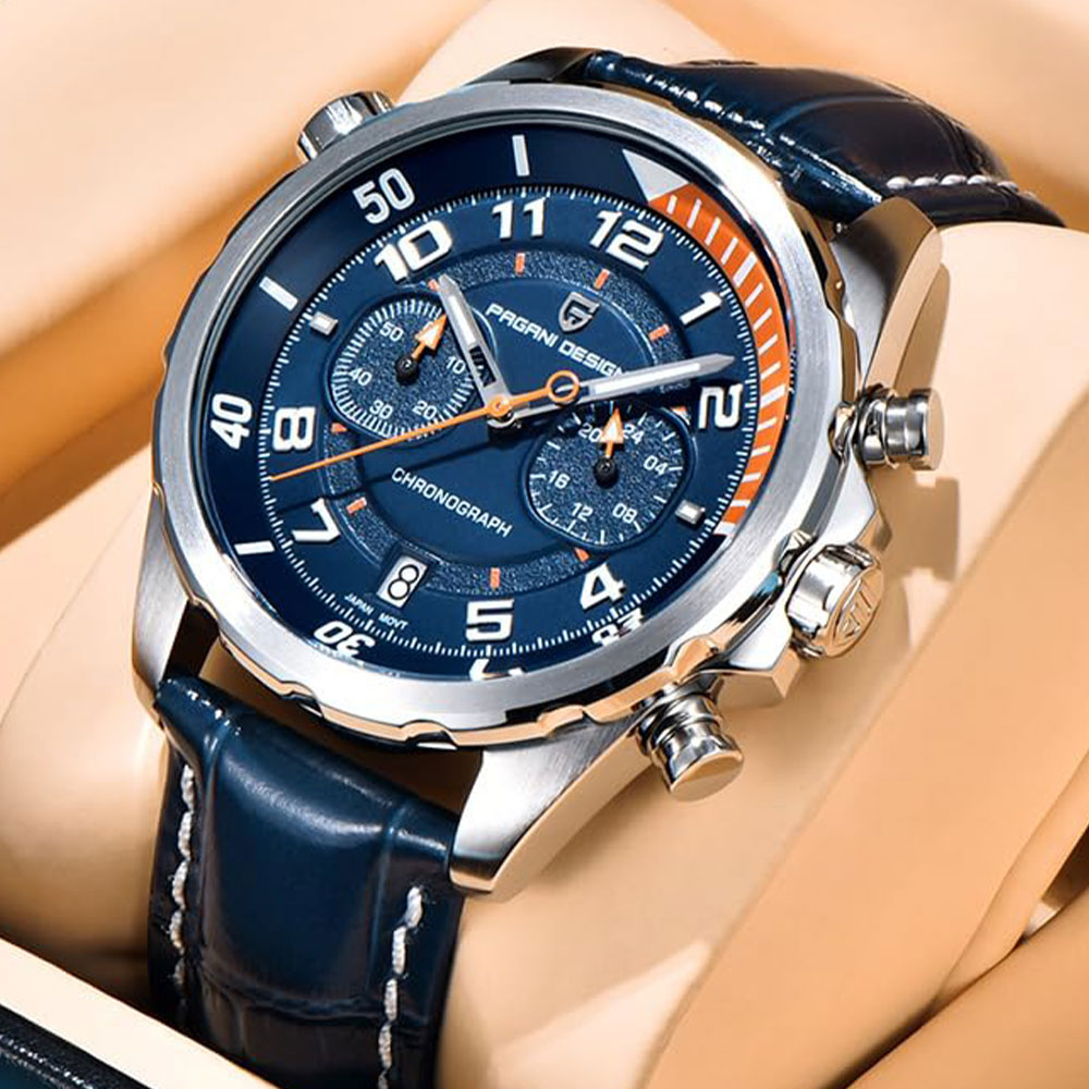 PAGANI DESIGN New 44MM Men Watch Sapphire Glass Waterproof Luminous Leather Multi Functional Quartz Wristwatch Man