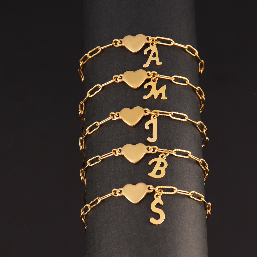 Stainless Steel 26 Letters English Initial Letter Heart Bracelet DIY Personalized Name Bracelets Women Anniversary Jewelry