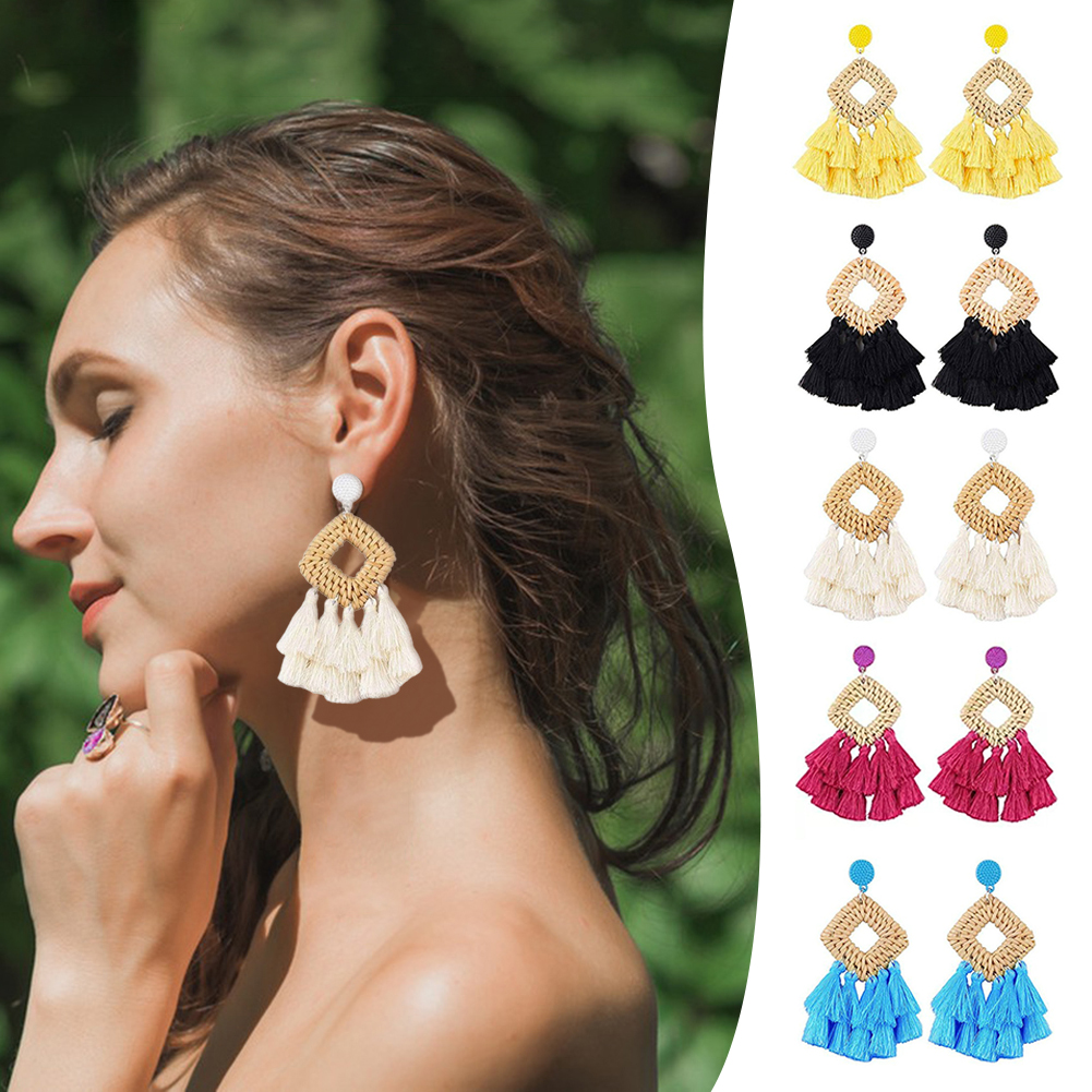 1 pair Stylish Elegant Tassel Earring Geometric Handcrafted Geometric Rattan Woven Earring For Ladies Girls Birthday