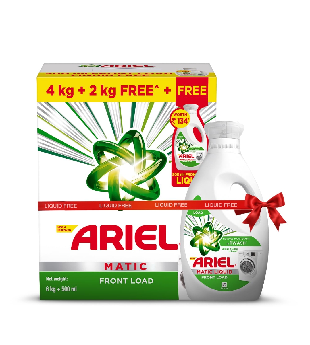Ariel Matic Detergent Powder Front Load 4 Kg Plus 2 Kg Plus 500 ML Liquid Free Laundry Cleaning Agent Stain Removal Freshness