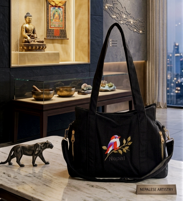 Premium Canvas Tote Bag with Hand-Embroidered Nepal Bird Art - Stylish & Spacious Shoulder Bag for Women