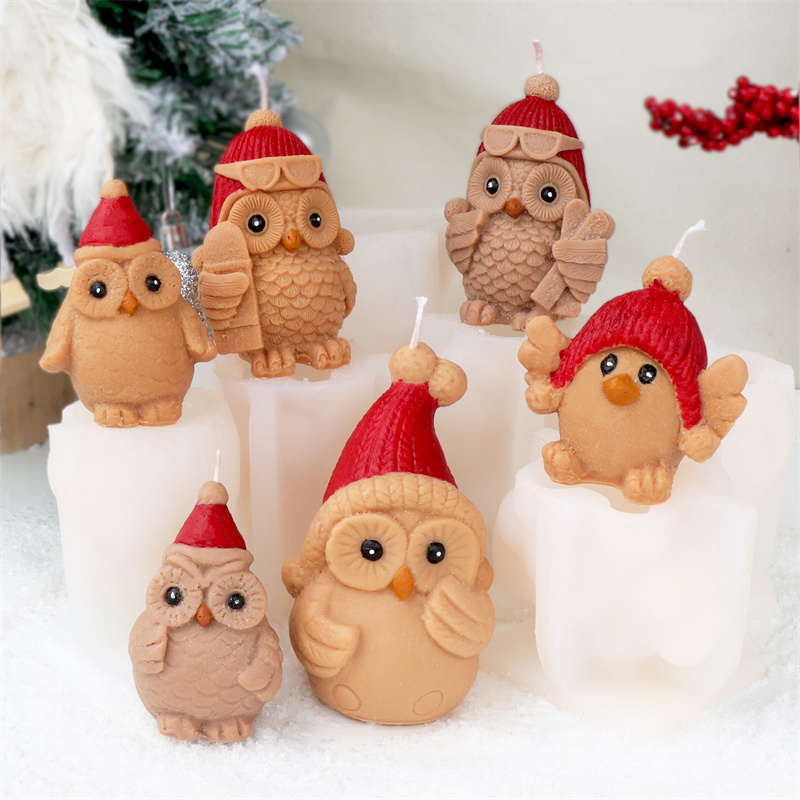 3D Owl With Christmas Hat Silicone Candle Mold DIY Cute Animal Design Candles Gypsum Holiday Home Decor