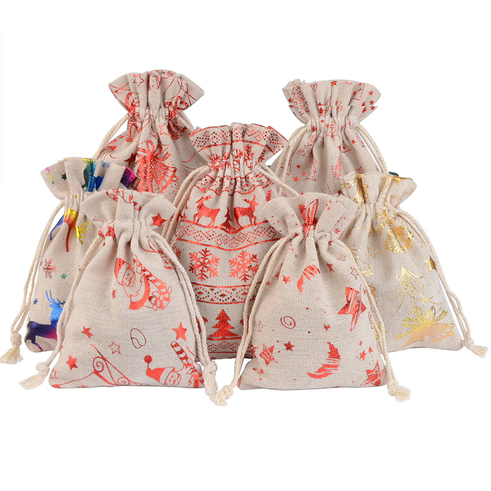 10pcs/lot Linen Christmas Cotton Bags 10x14 13x18cm Candy Gifts Jewelry Packaging Bags Drawstring Gift Bag & Pouches