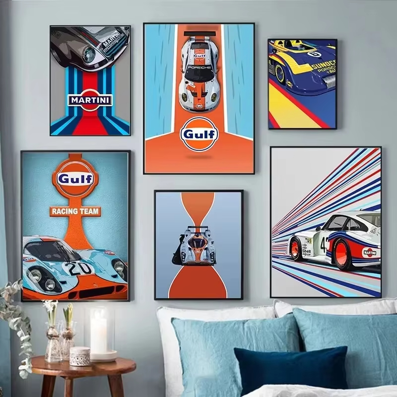 AA NEW Vintage Motorsport Car Poster Blue Style Gulf Racing Team High Quality Canvas Painting Ideal for Living Room Wall Decor