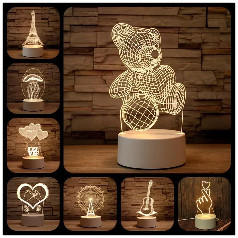 1pc USB Operated Night Light Creative 3D Acrylic Bedroom Bedside LED Table Lamp Ornaments Holiday Birthday Event