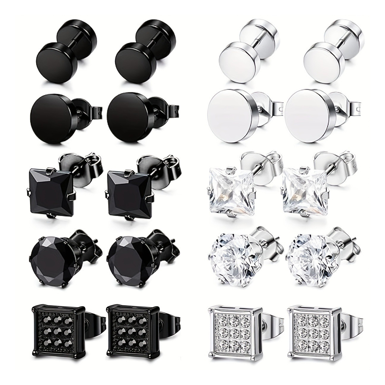 5 Pairs Stainless Steel Stud Earrings For Men, Cubic Zirconia Round Square Stud Earrings, Holiday Party