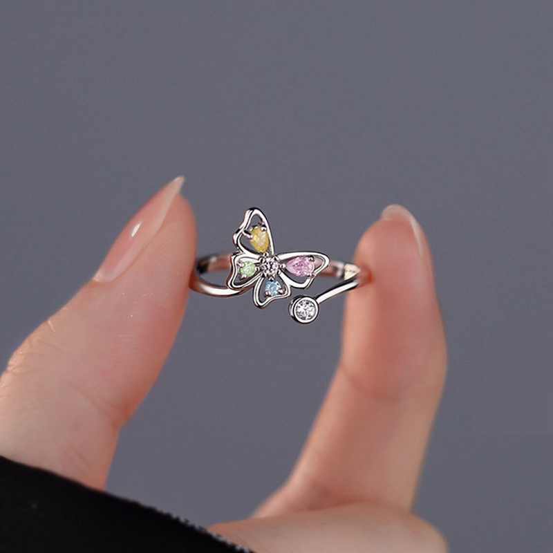 Shiny Crystal Zircon Butterfly Rings for Women Silver Color Korean Sweet Cute Adjustable Finger Ring Minimalist Jewelry