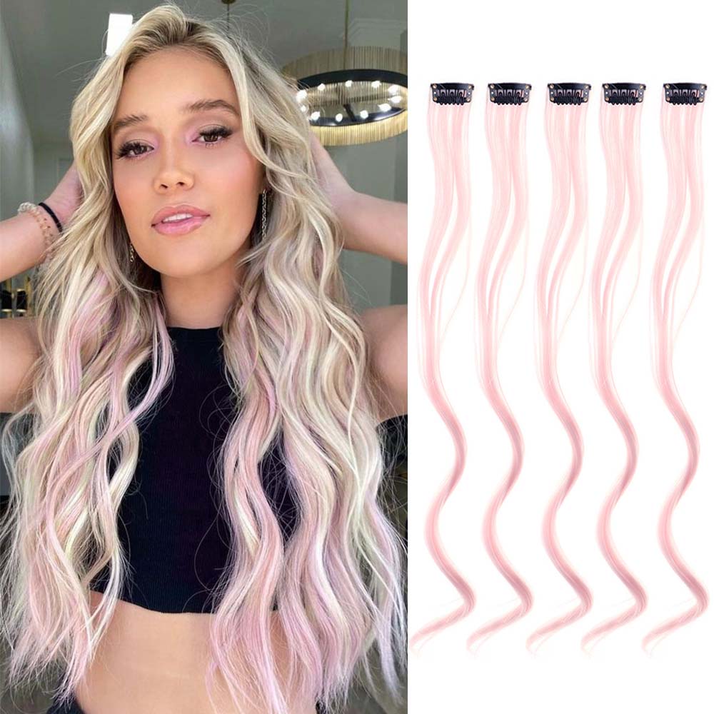 5 Pcs/Set 18 Inch Colored Clip In Hair Long Curly Synthetic Highlight Hairpieces Colorful Streak Hair For Women