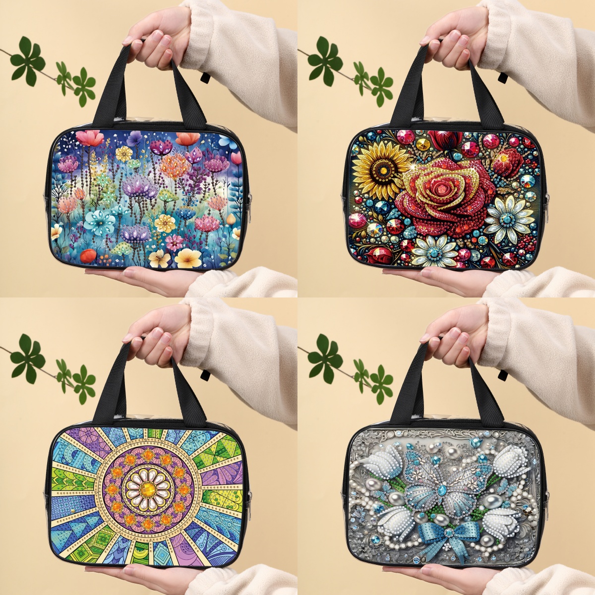 1 Piece of DIY Mosaic Set with Crystal and Diamond, Diamond Painting Bag, Dreamy Floral Pattern Portable Travel Bag with Zipper
