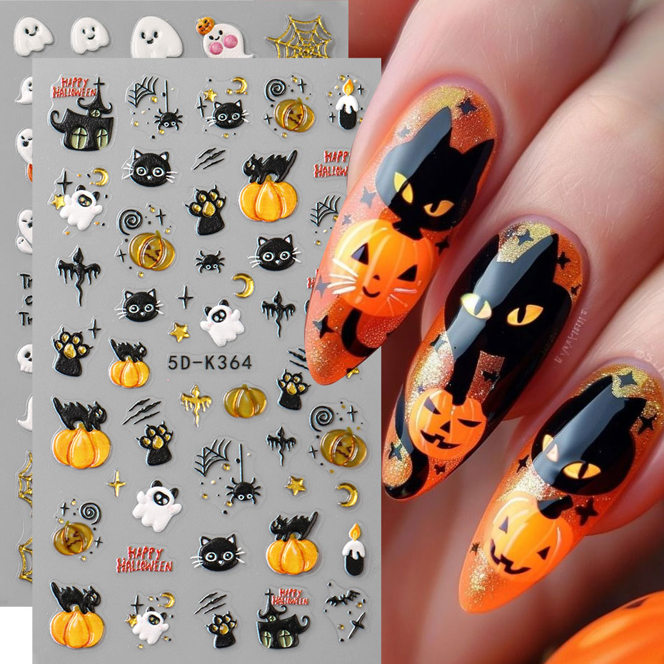 1/2pcs Cute Black Cat & Punpkim Nail Slider 5D Embossed Cartoon Ghost Spider Paw Nail Charms Foil Halloween DIY Korean Nail Part