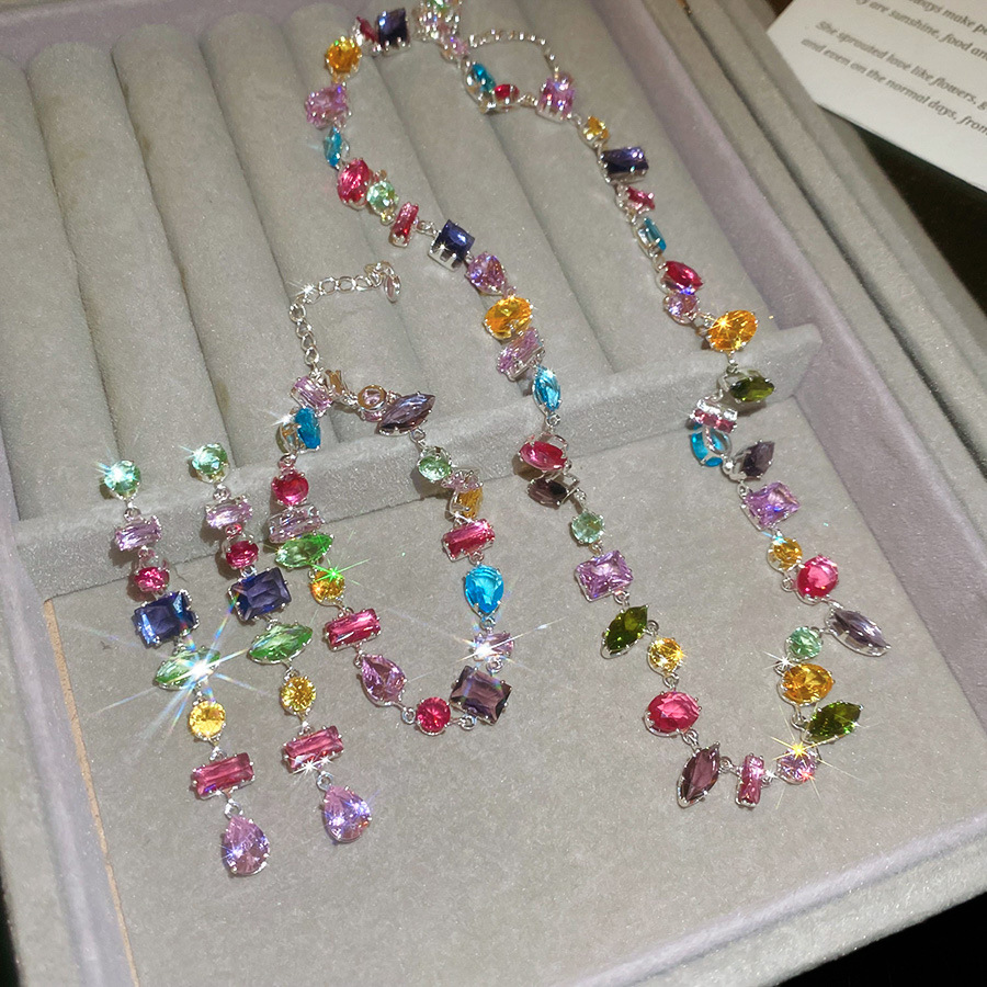 New Luxury Colourful Crystal Zircon Necklace For Women Fashion 18K Golden Plated Party Jewelry Accessories Ladies Jewellery