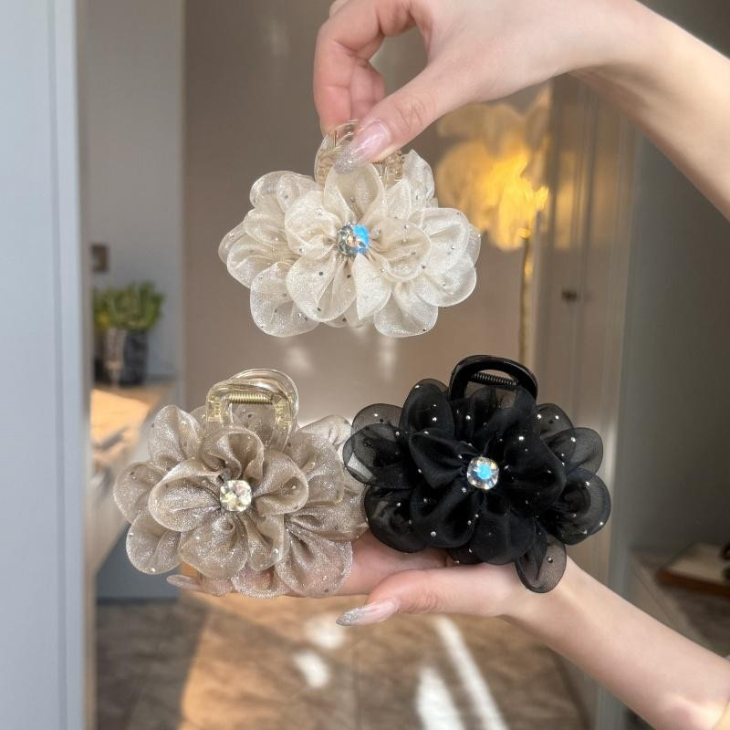1/2/3pcs Mesh Flower Rhinestone Hair Clip for Woman Elegant Korean Style Shark Clip Fashion Girl Ponytail Clip Hair Clamp
