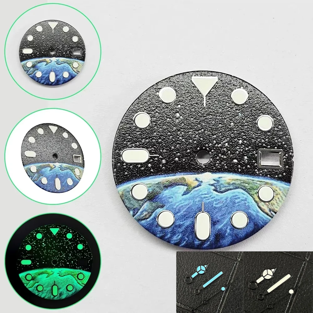 New NH35 Watch Dial 28.5mm Starry Sky Earth Dial Green Luminous Watch Face Modified Watch Accessories for NH35 NH36 movements