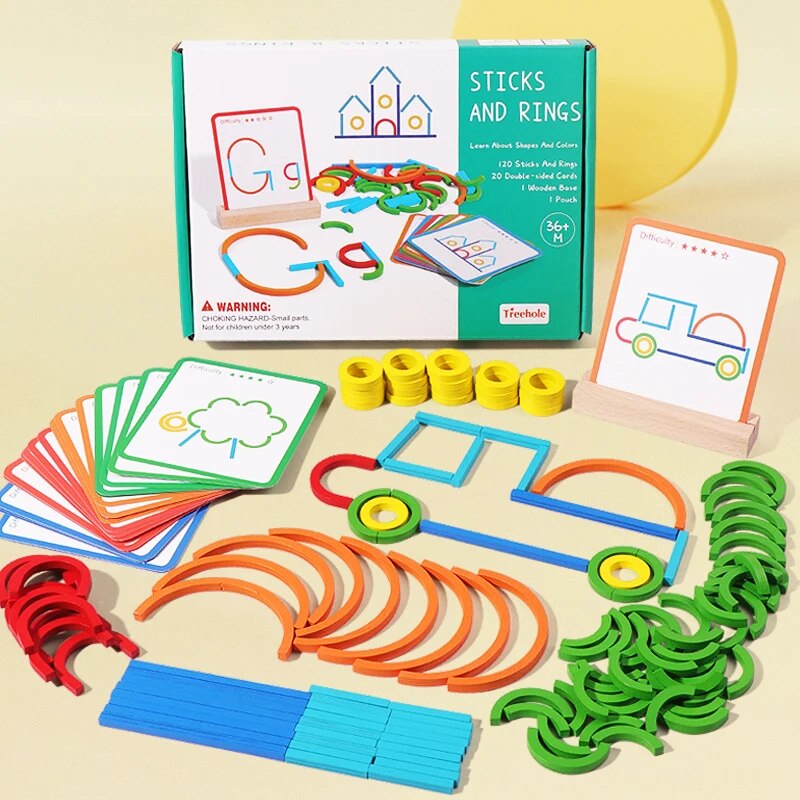 Wooden Creative Sticks And Rings Puzzle Intelligence Game Montessori Early Educational Toys Assembled Building Blocks DIY