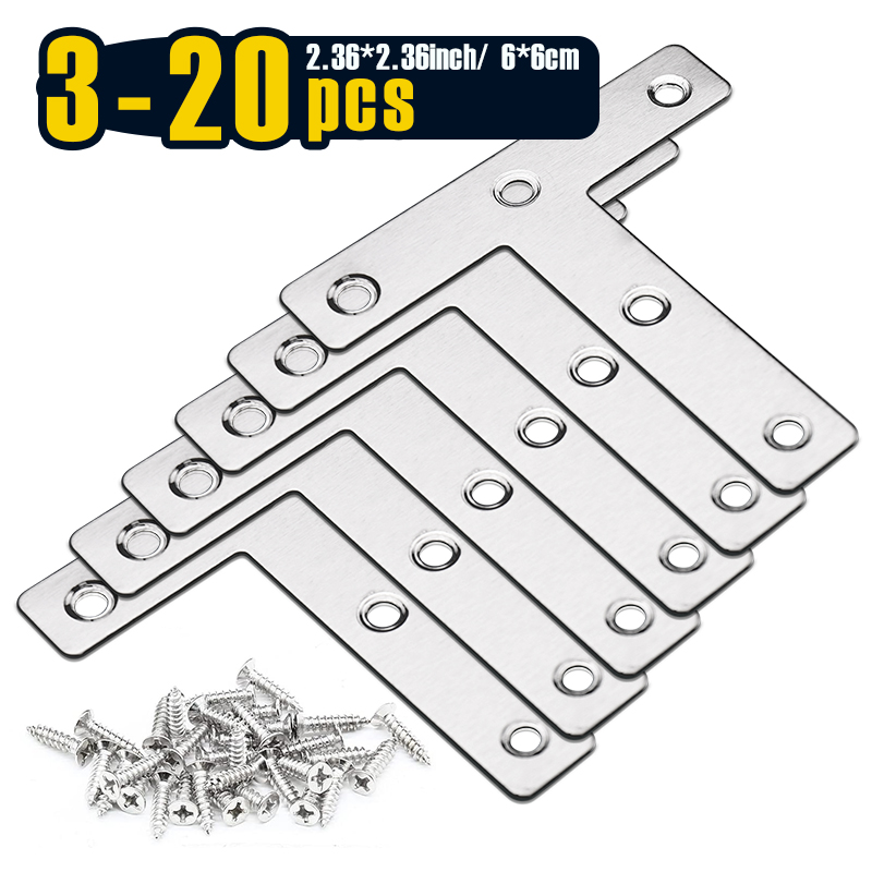 3-20pcs, T Shaped Mending Plate, 80 x 80mm(3.1x3.1") Stainless Steel Flat Corner Brackets, Corner Braces, Joining Plate