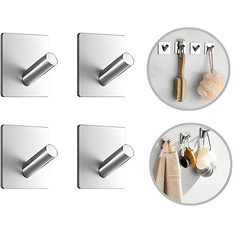 1/2/4 Pack No Drill Adhesive Hooks Heavy Duty Stainless Steel Wall Hanger for Kitchen Bathroom Towel Robe Key Organizer