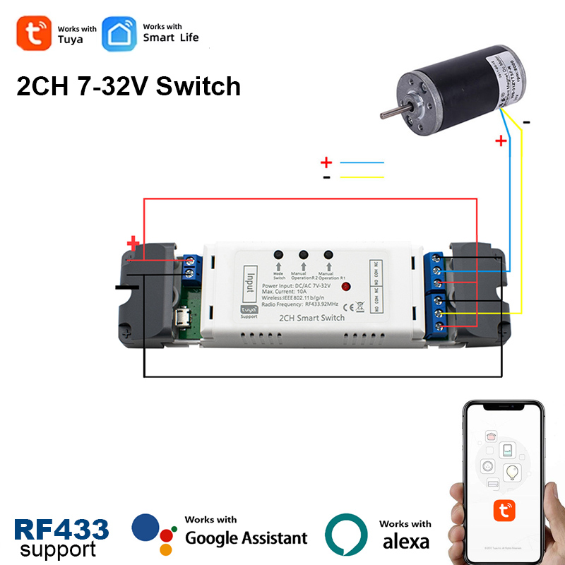 Tuya Smart 2CH Wifi DC Motor Forward Reverse Switch,12V 24V 32V,2 Channel Module Relay,Alexa Alice RF 433 Remote Control
