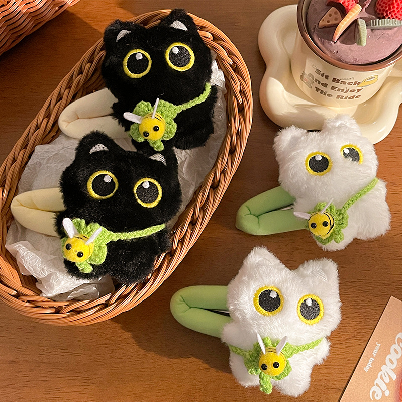 1pc cute cartoon plush bee shoulder bag big-eyed little black cat hair clip, doll back head BB clip for bangs and side clips