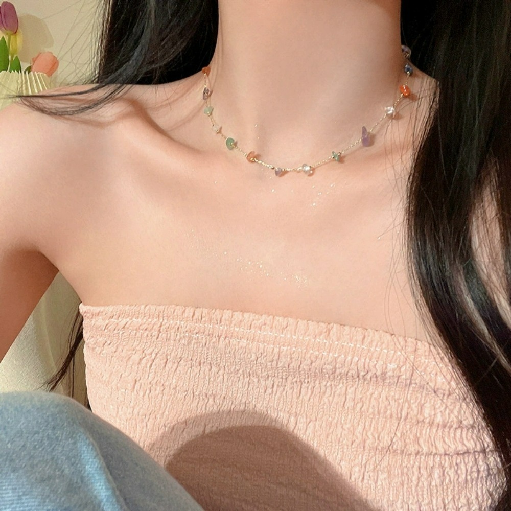New Trendy Cute Sweet Natural Stone Necklace for Women Girls Summer Simple Crystal Clavicle Chain Choker Fahion Jewelry